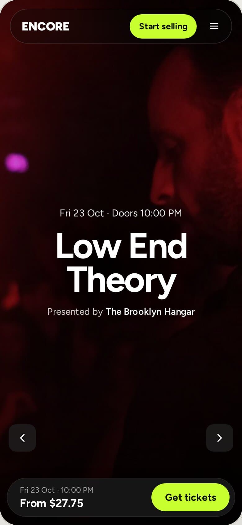 The event page for Low End Theory on a phone, with a Get tickets bar