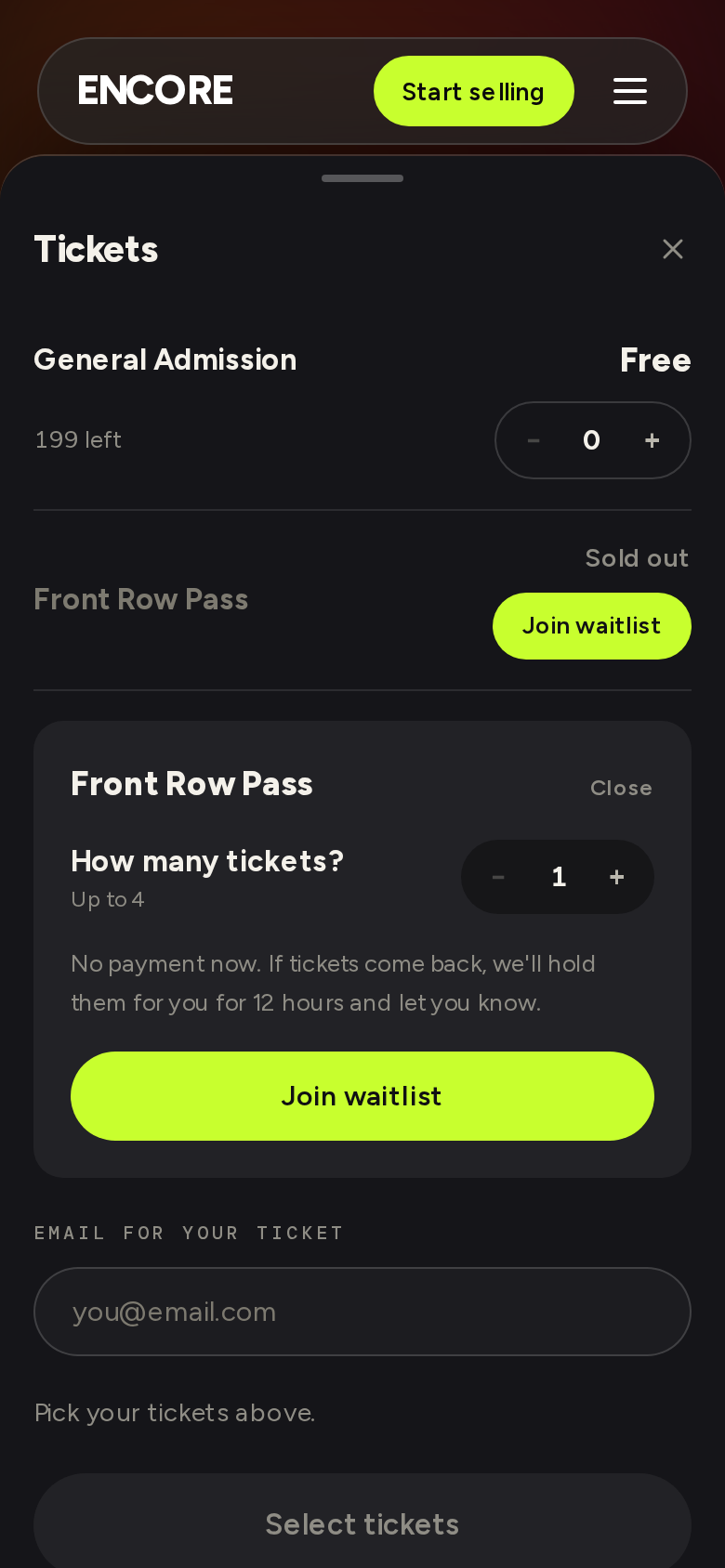 sold-out ticket row with the Join waitlist button, and the join sheet
