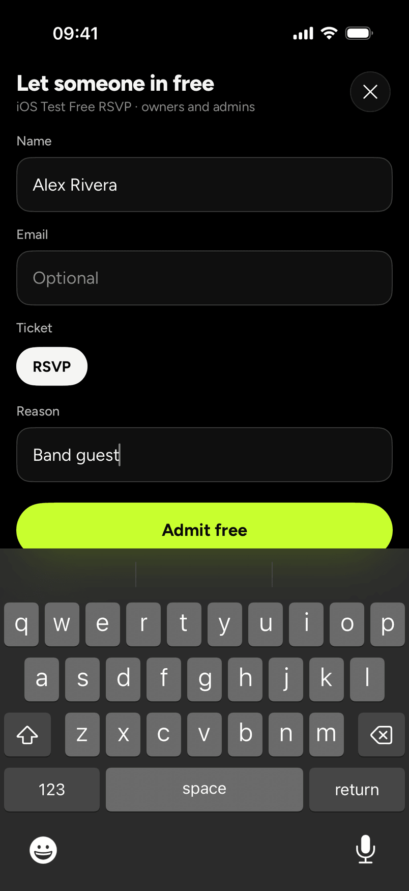 the Let someone in free sheet with a name, a ticket type and a reason filled in, above the Admit free button