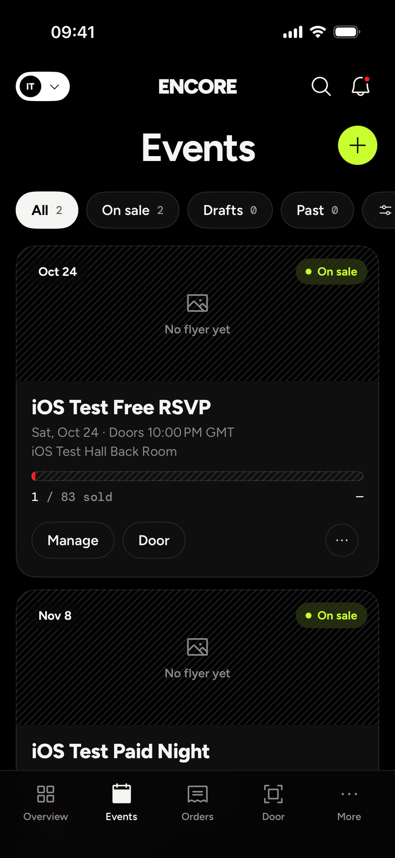 the app's Events tab with the plus button, the On sale and Drafts filters, and Manage and Door on each event
