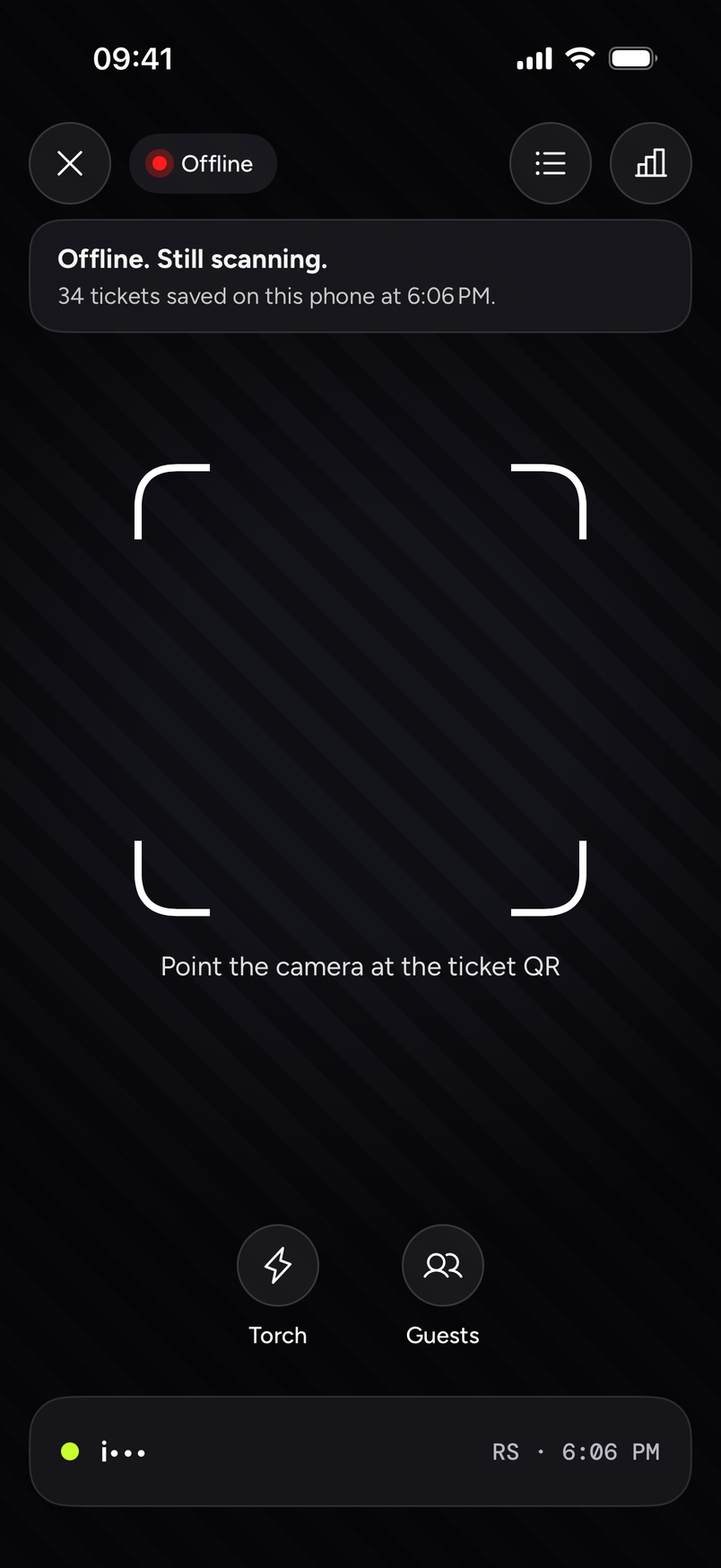 the scanner offline, with the banner Offline. Still scanning. and how many tickets are saved on this phone