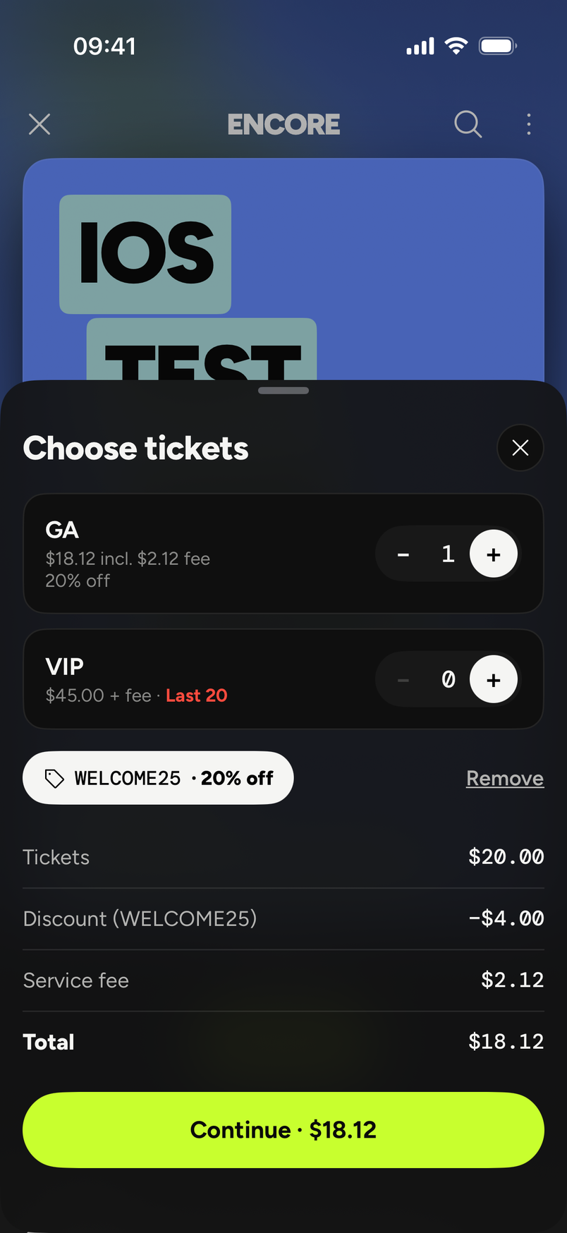the Choose tickets sheet with a promo code applied, showing Tickets, Discount, Service fee and Total