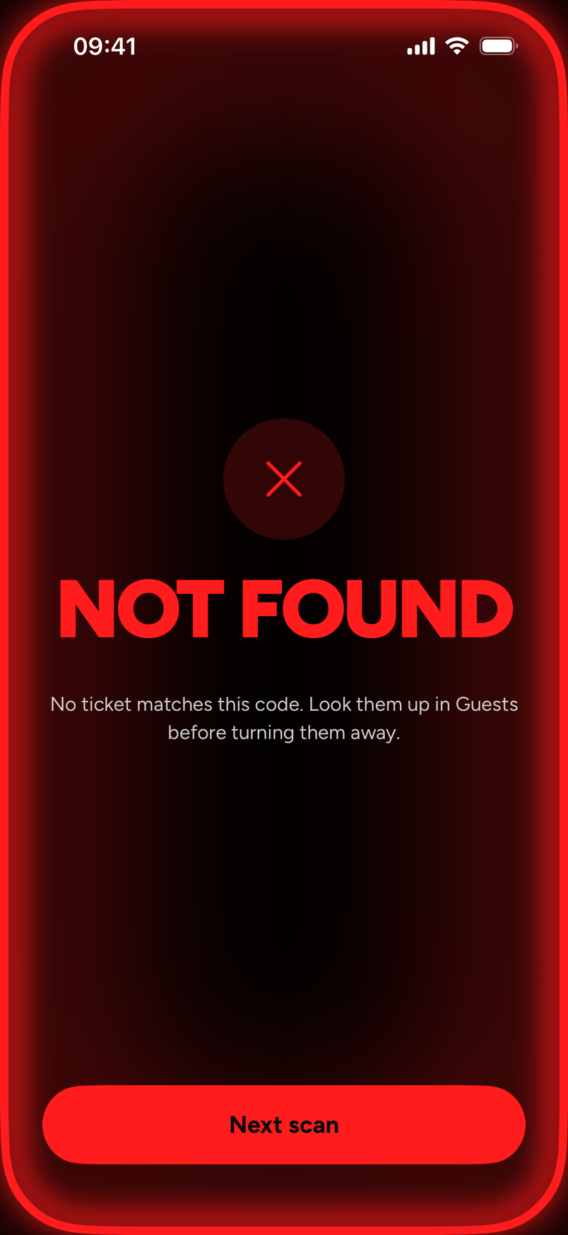 the NOT FOUND band with the line to look the guest up in Guests