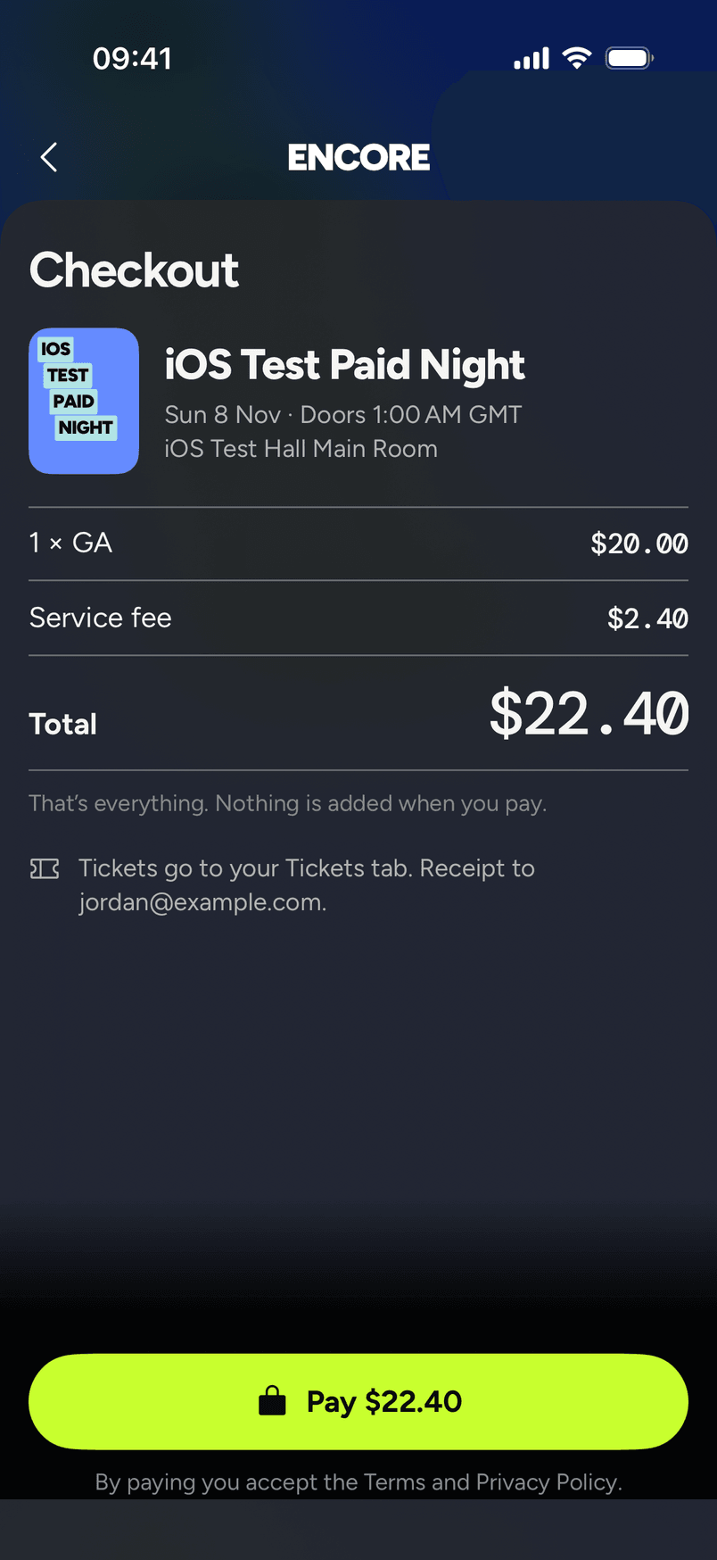 the Checkout screen with the ticket line, the service fee, the total and the Pay button