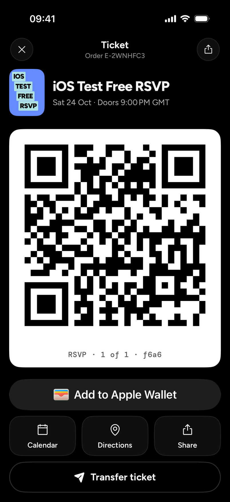 a ticket with its QR code, then Add to Apple Wallet, Calendar, Directions, Share and Transfer ticket