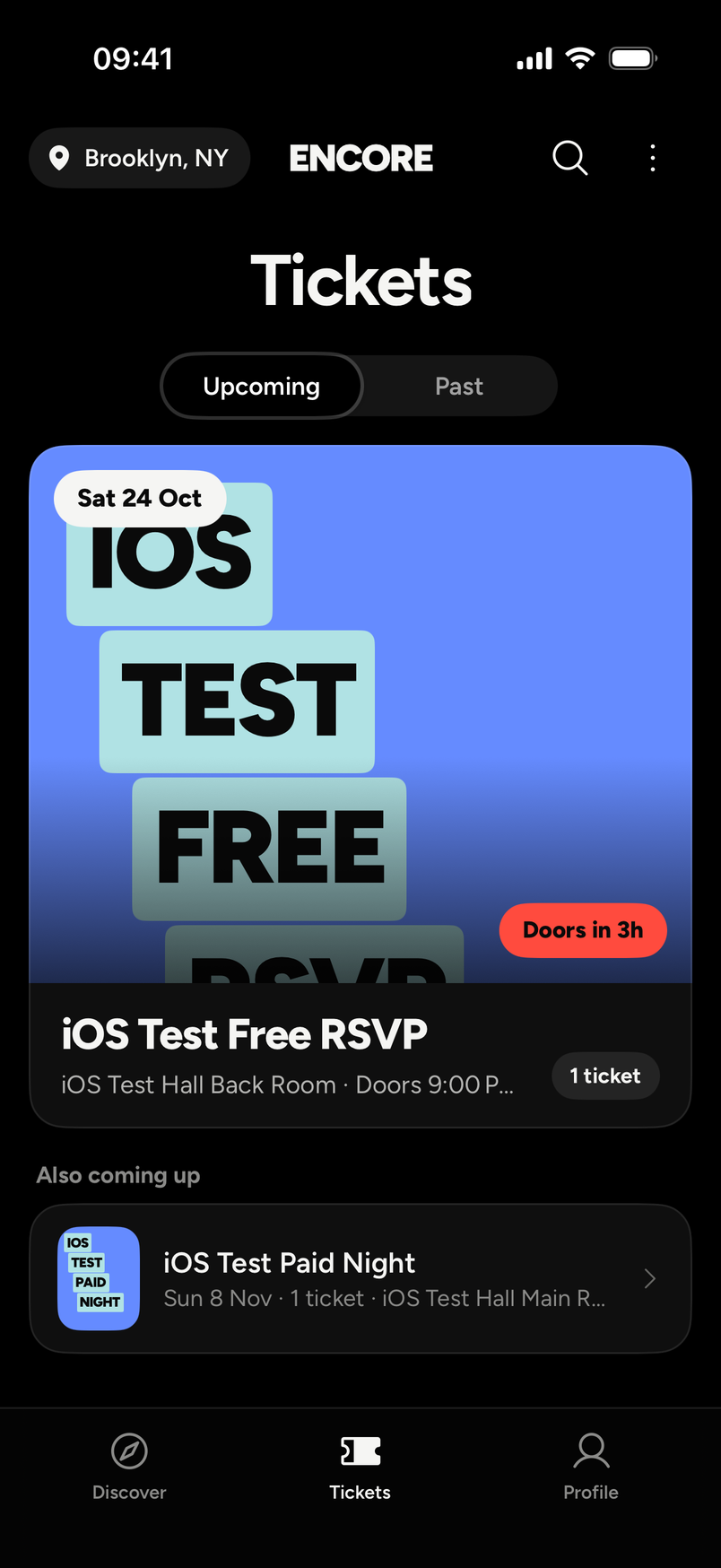 the Tickets tab with the Upcoming and Past switch, one event and an Also coming up list